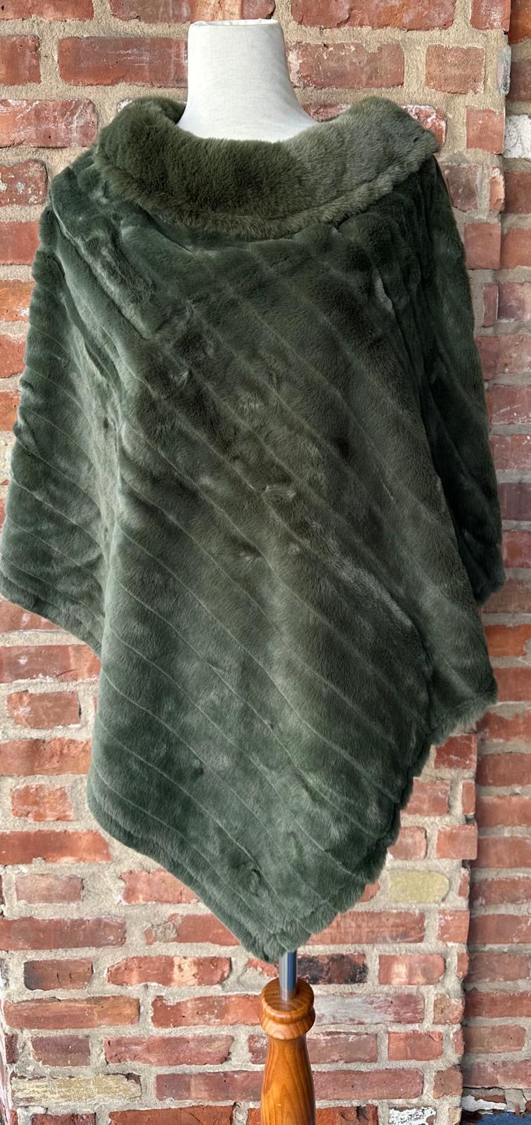 Olive Green Poncho Shawl with Faux Fur