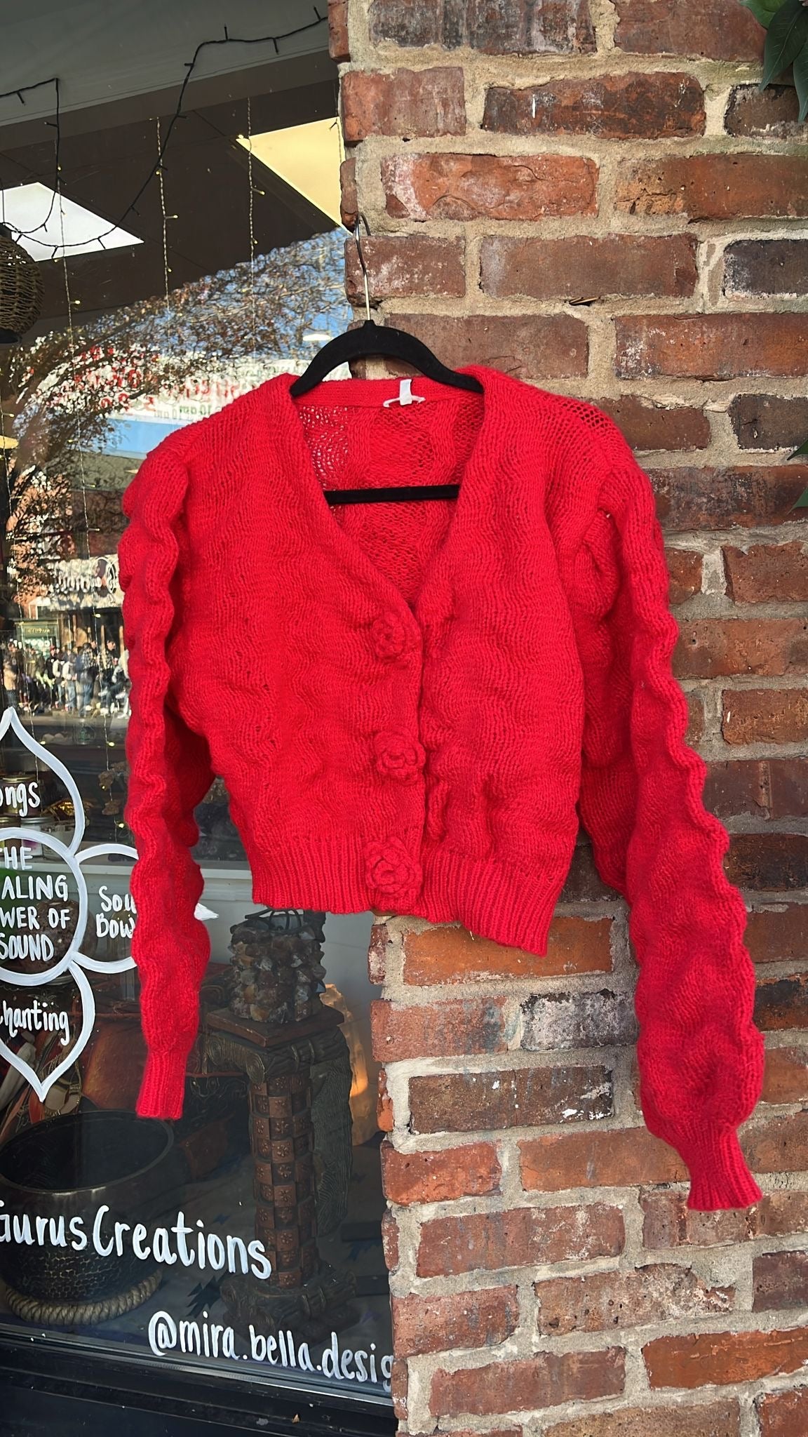 Red Cardigan with Knitted Rose Buttons.