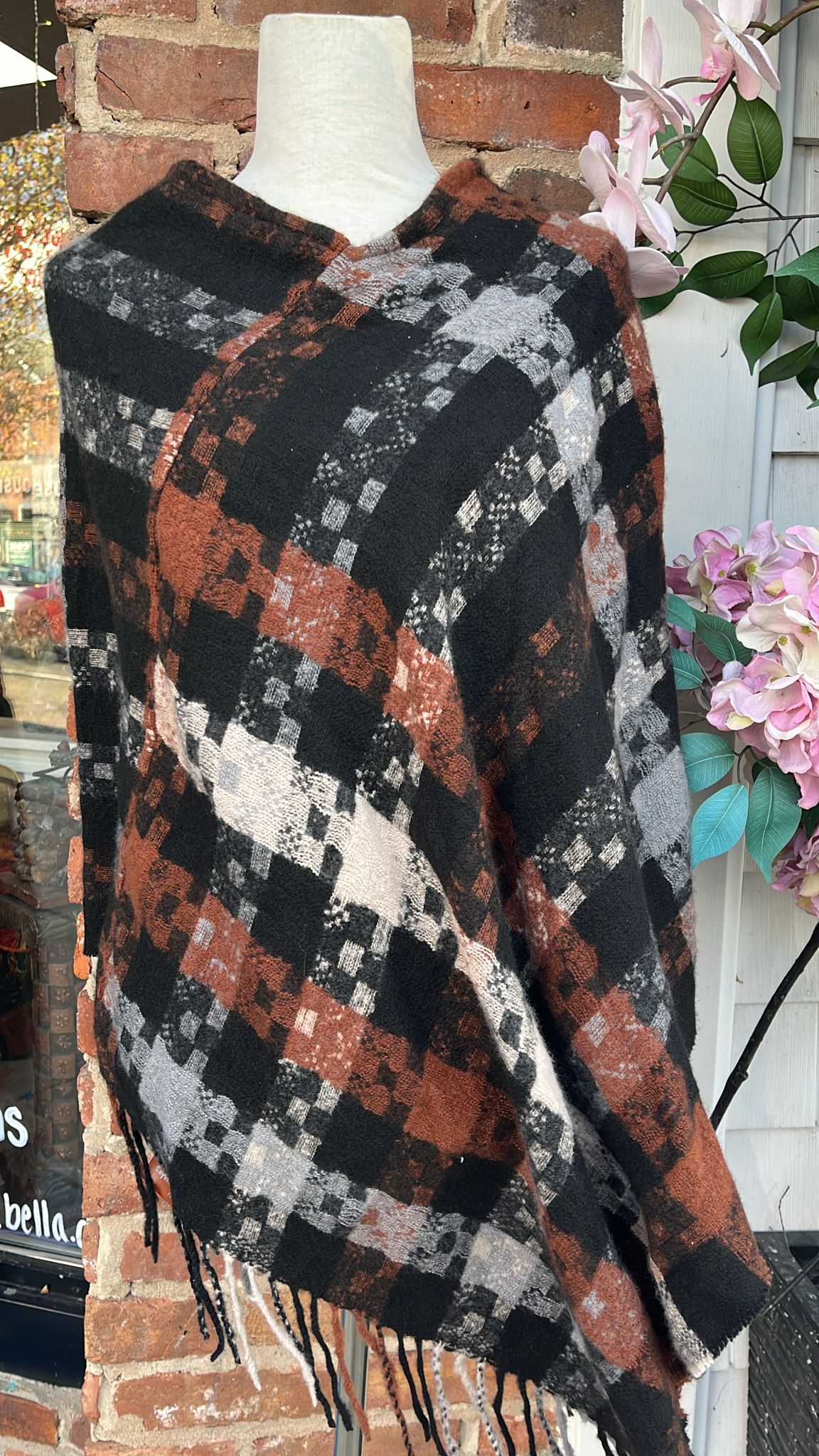 Plaid Patterned Poncho Shawl.