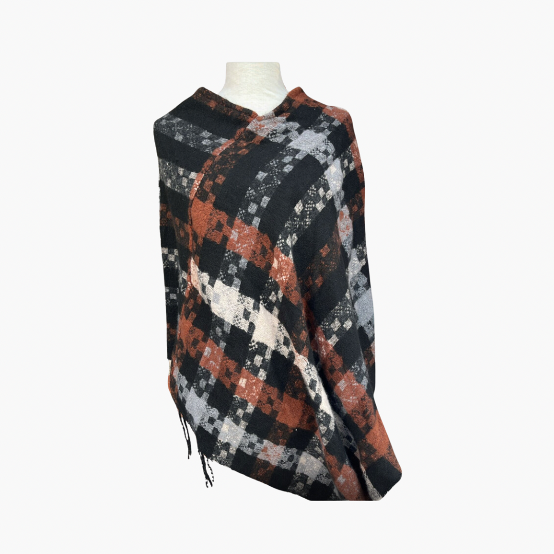 Plaid Patterned Poncho Shawl.