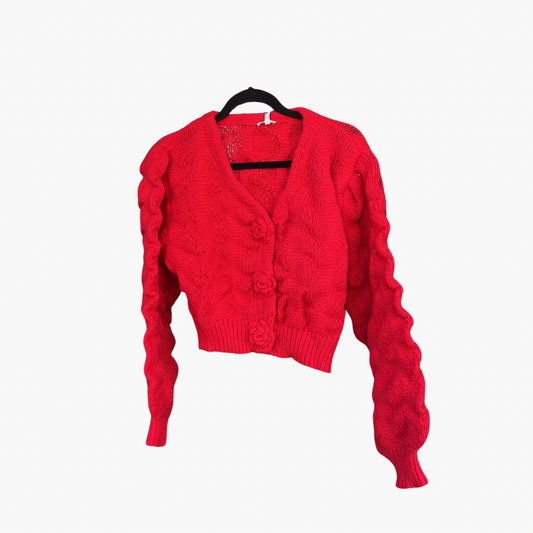 Red Cardigan with Knitted Rose Buttons.