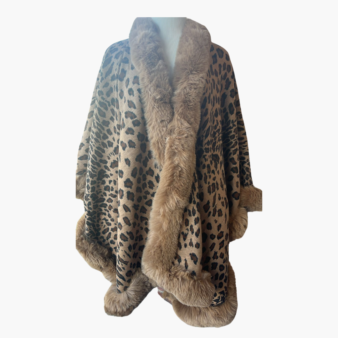 Leopard Print Shawl with Faux Fur