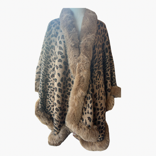 Leopard Print Shawl with Faux Fur