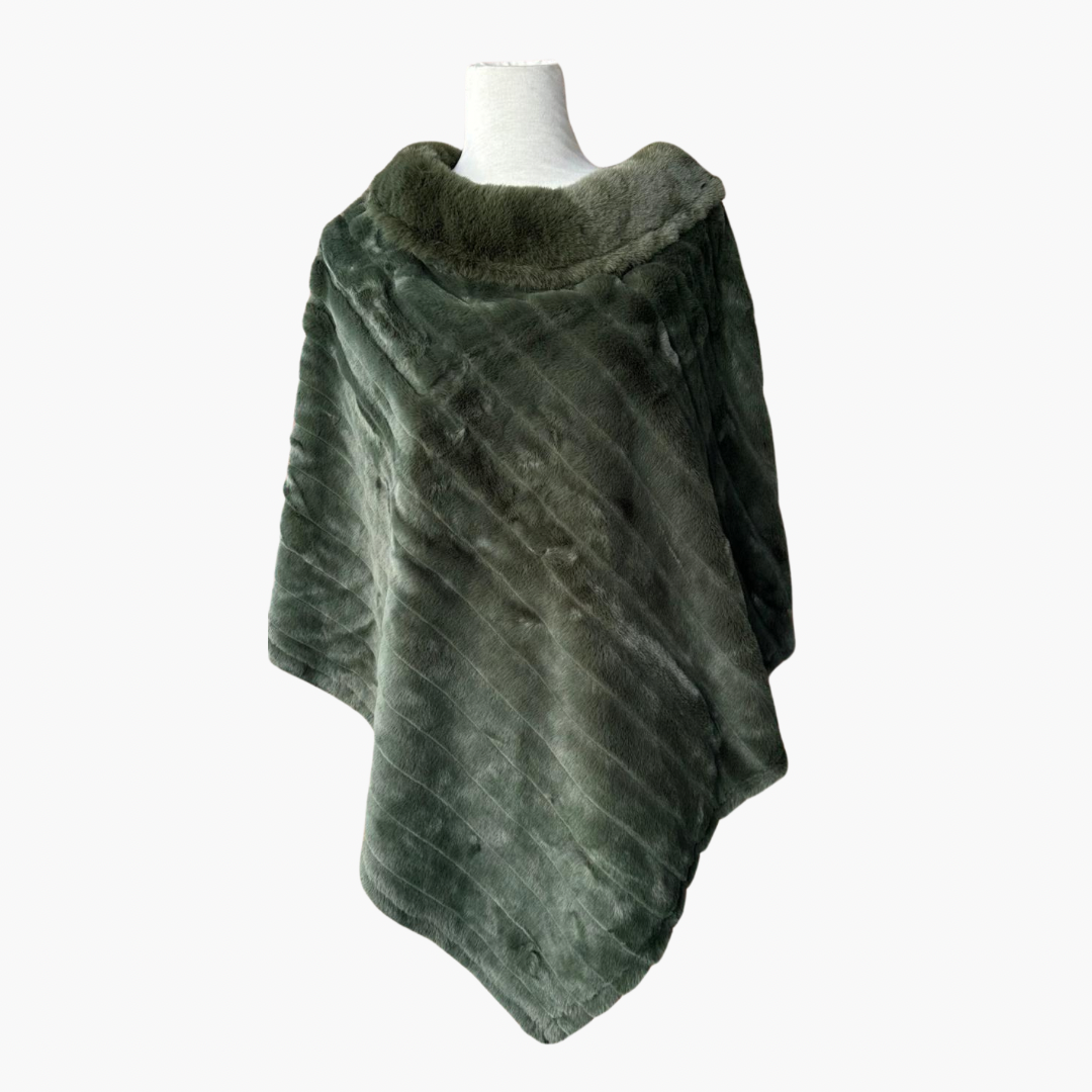 Olive Green Poncho Shawl with Faux Fur