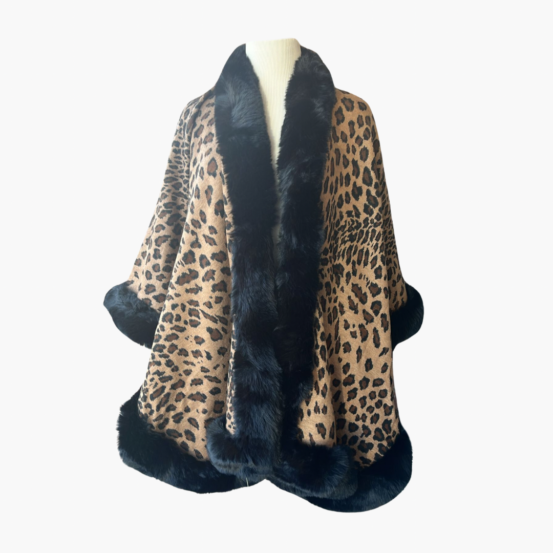 Leopard print Poncho Shawl with Black Faux Fur