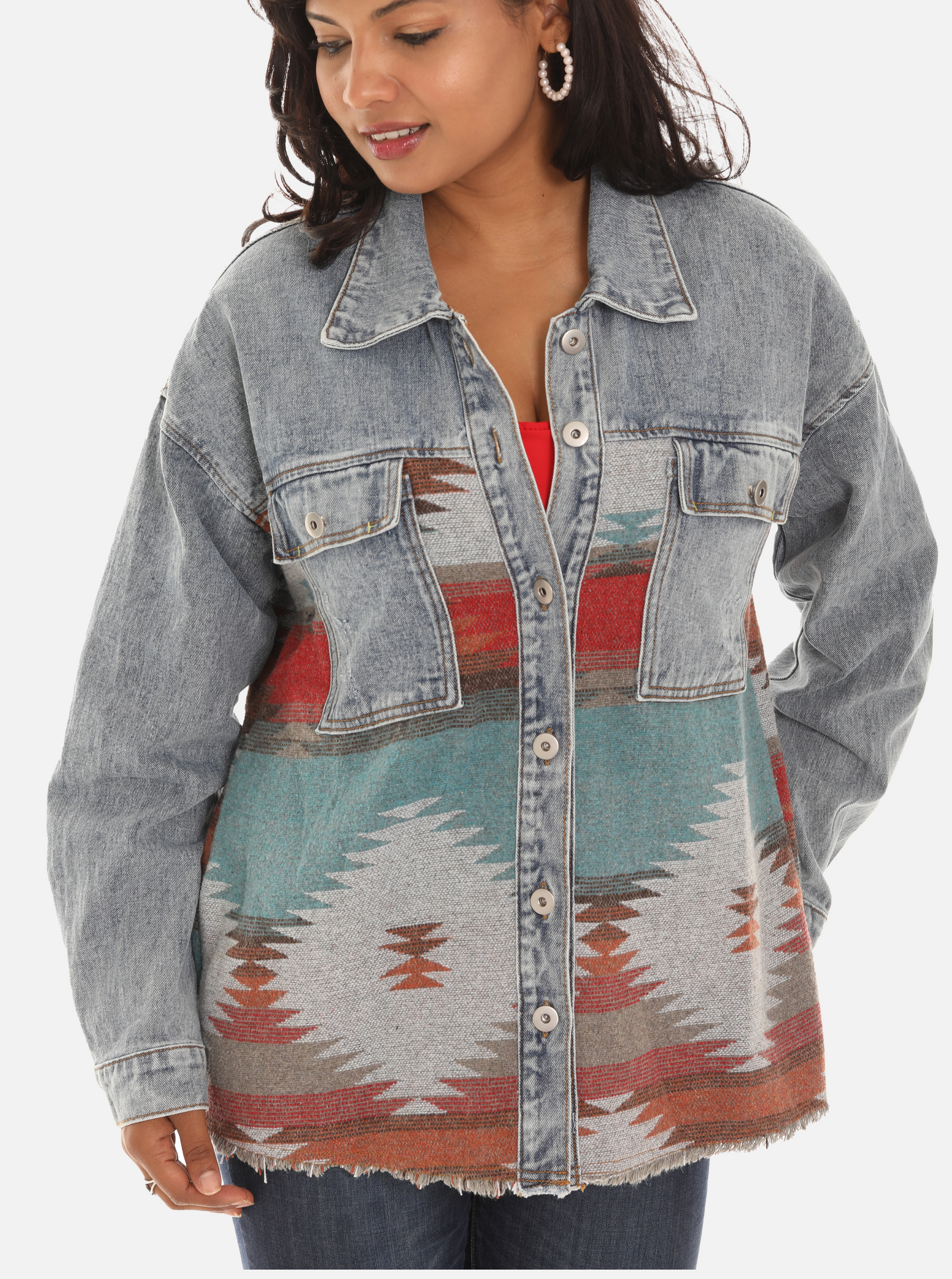 Women's Aztec Print Button Down Denim Jacket guruscreation